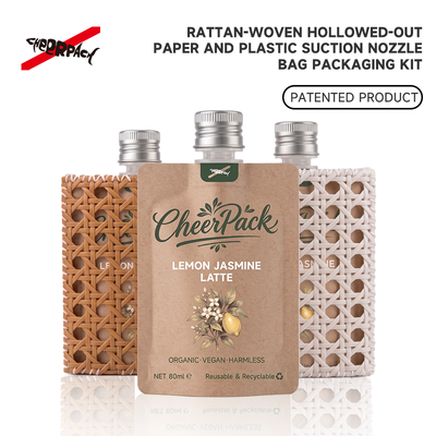 品質  Reusable Rattan Woven Spout Pouch with Aluminum Cap | CheerPack Patented 100ml rattan-woven hollow-out spout pouch with reusable Sleeve and aluminum screw cap. Eco cosmetic packaging, OEM/ODM welcome. 工場